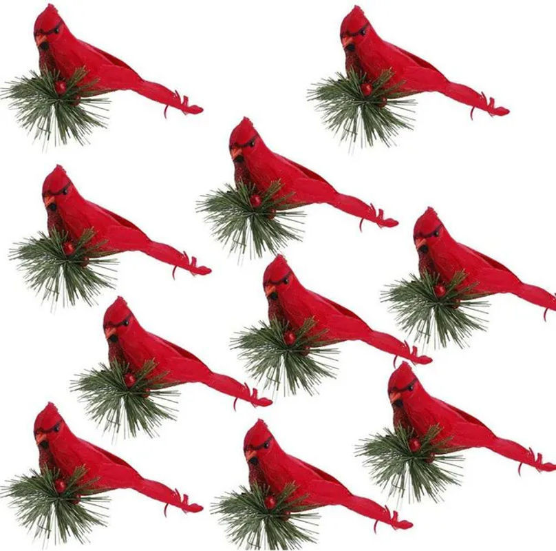 10er Set CosyHome Kunstvögel in Rot mit Kiefernzweigen zur Dekoration für Weihnachten und Hochzeiten - Bild 1