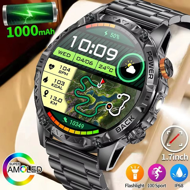 LIGE T-Rex3 Smartwatch für Herren in Schwarz mit Kompass, Bluetooth-Anruffunktion und 3ATM Wasserdichtigkeit, Outdoor-Militär-Smartwatch mit Edelstahlarmband und 1000mAh Akku - Bild 1