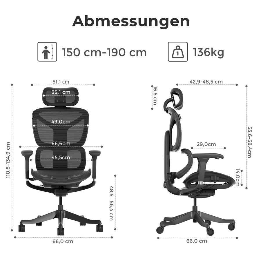 WELAX S9 ergonomischer Bürostuhl in Schwarz mit Netzrücken, hoher Rückenlehne, Lendenwirbelstütze und 4-fach verstellbaren Armlehnen - Bild 7