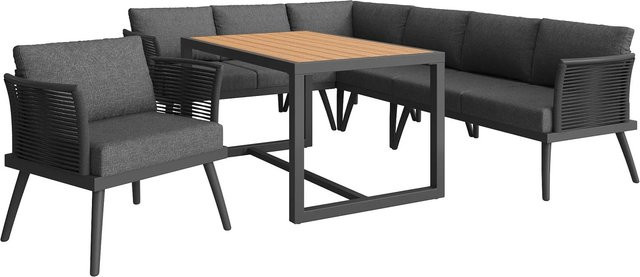 okwish Gartensofa-Set Grau mit Polstern, Kissen und Couchtisch aus pulverbeschichtetem Stahl - Bild 1