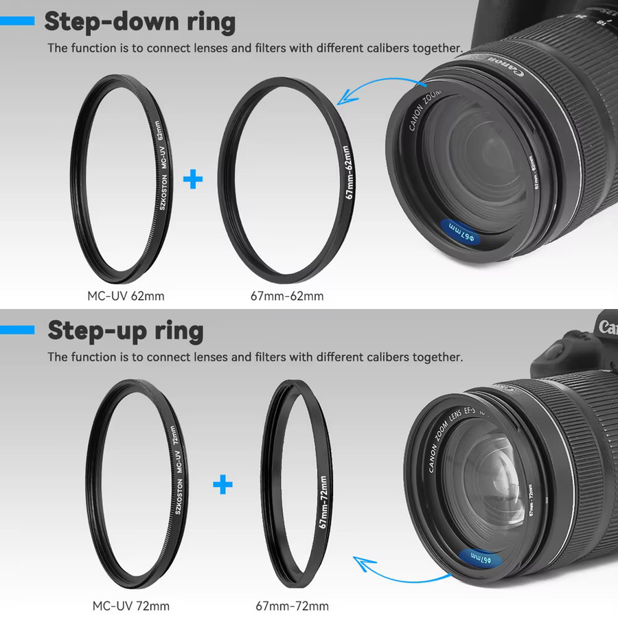 SZKOSTON Kameraobjektivfilter Step Up & Down Ringadapter Set aus Metall, Farbe: Schwarz, 37-82mm und 82-37mm - Bild 6