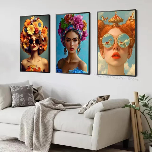 Potdemiel Rahmenloses Nordisches Bohemian Leinwand-Poster mit Blumen, Frau und Vogel Porträt Wandkunst in Mehrfarbig - Bild 1