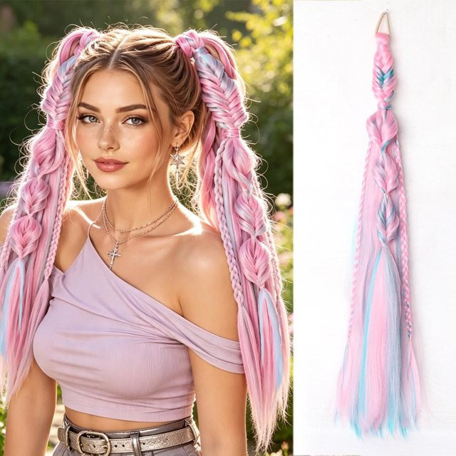 K Pop Geflochtene Pferdeschwanz-Extensions, 26 Zoll, Rosa, Unisex - Bild 1