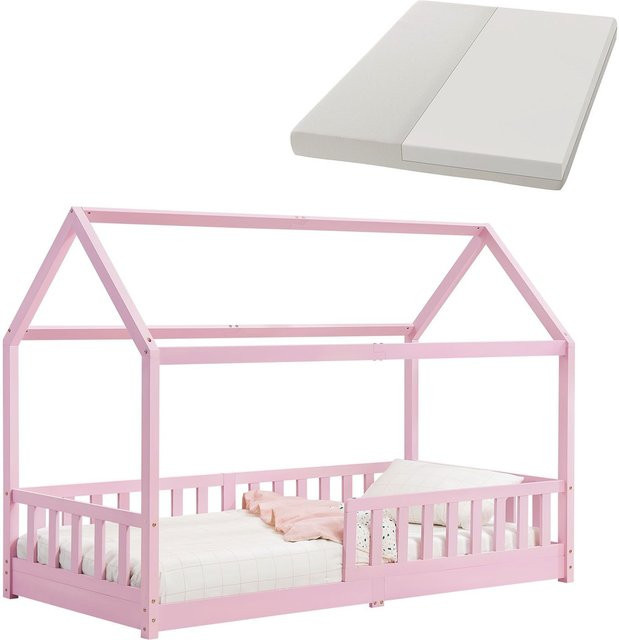 Juskys Kinderbett Marli Hausbett in Rosa mit Matratze, Gitter und Lattenrost, B/T/H: 90 x 200 cm - Bild 1