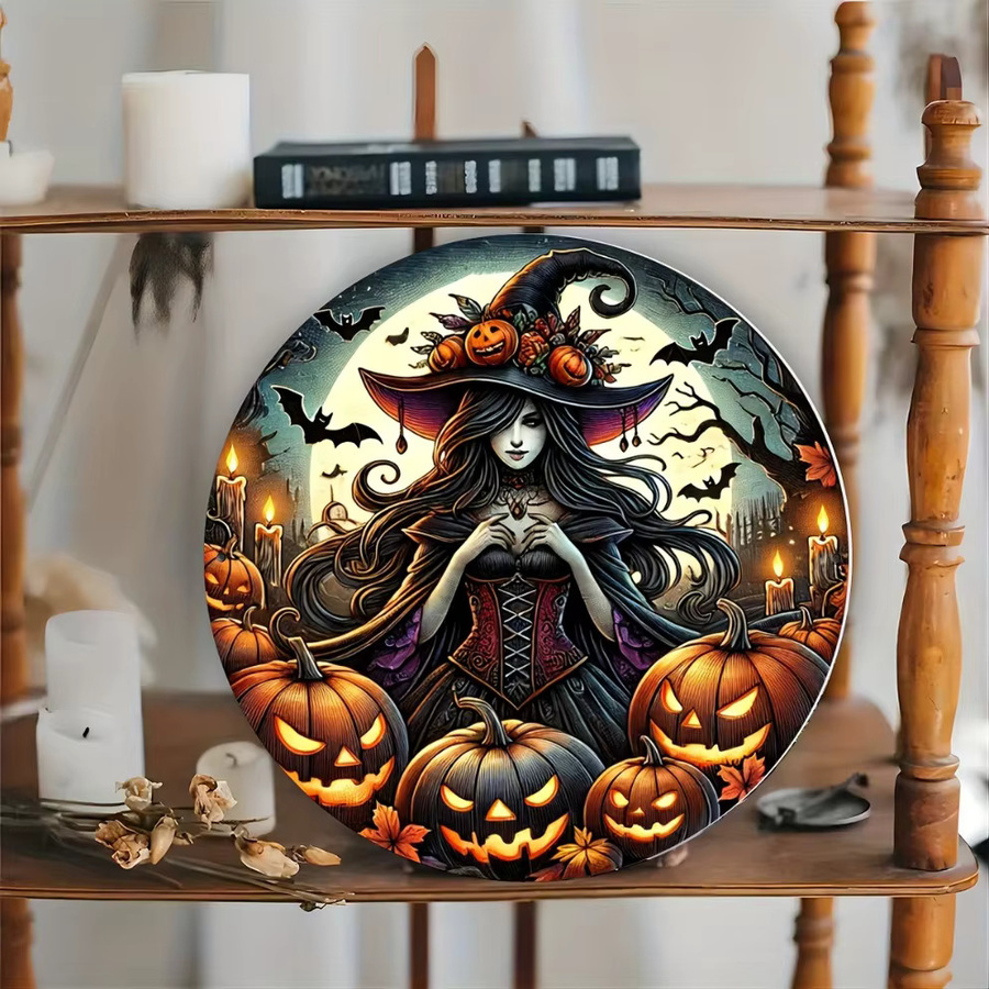 HELLOYOUNG Halloween Metallschild mit Hexe und Kürbis, runde Wanddekoration in Multicolour, Durchmesser: 20 cm - Bild 4
