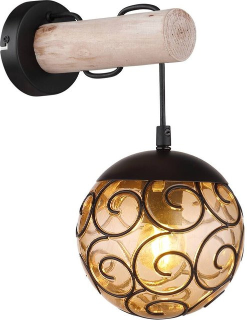 Globo Wandleuchte Schwarz Matt mit Amber Glas, E27, B/H: 15 x 36 cm - Bild 1