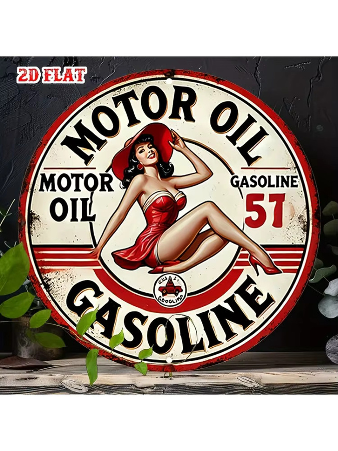 Potdemiel Vintage Metallschild rund mit Pin-Up Girl Motiv, Retro Benzin Werbung Poster aus Aluminium, Durchmesser: 20 cm, Mehrfarbig - Bild 7