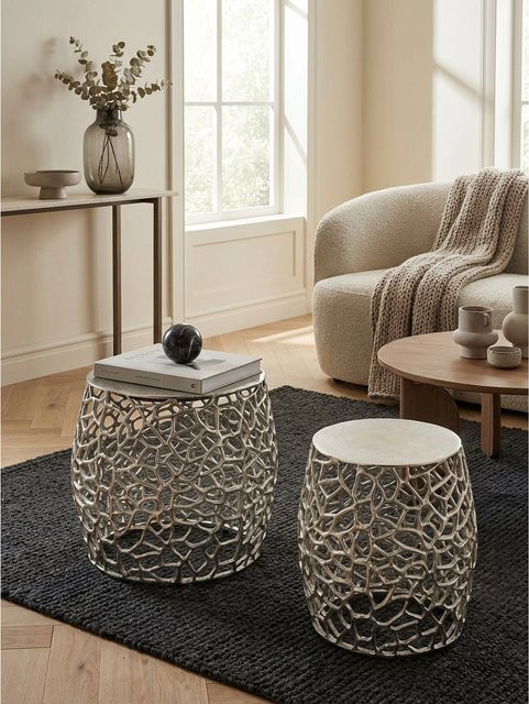 KADIMA DESIGN Satztisch Set aus Aluminium in Silber mit Aststruktur, 2-teilig, rund, modern - Bild 1