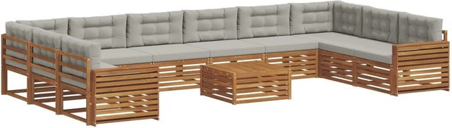 vidaXL Sofagarnitur aus Massivholz Akazie in U-Form, 11-teiliges Lounge-Set mit Tisch und Polstern, Farbe: Natur und Grau - Bild 1