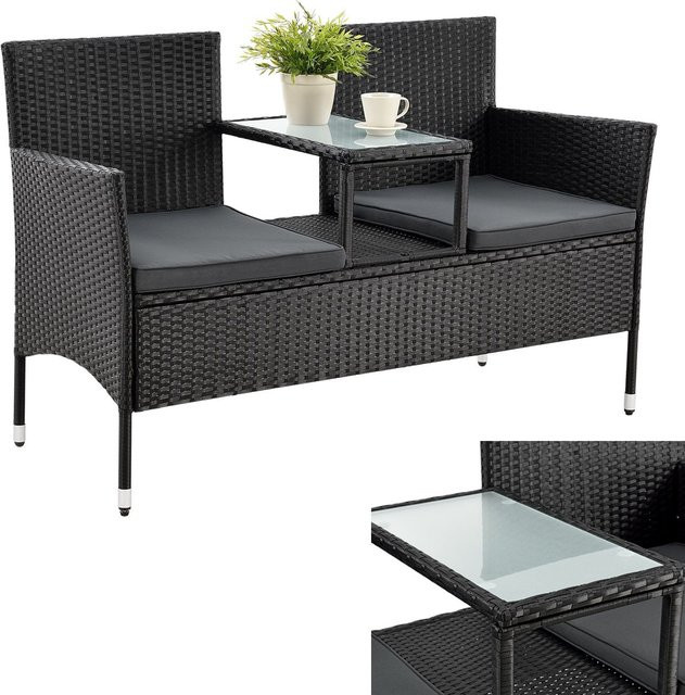 Juskys Polyrattan Gartenbank Monaco 2-Sitzer mit Tisch und Kissen in Schwarz und Grau, B/T/H: 133 x 63 x 84 cm - Bild 1