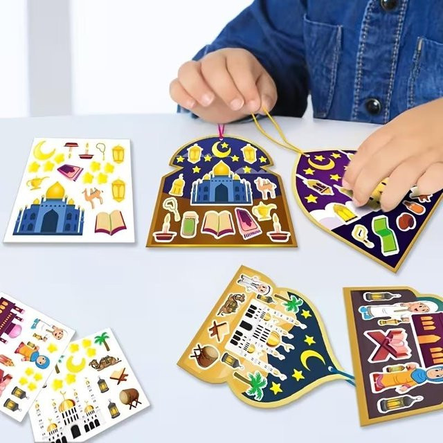 ZQNYCY 36 Stück Eid Mubarak DIY Szenenaufkleber Set mit Band als Ramadan Kinder Geschenk und Islamische Muslim Party Dekoration in Mehrfarbig - Bild 1
