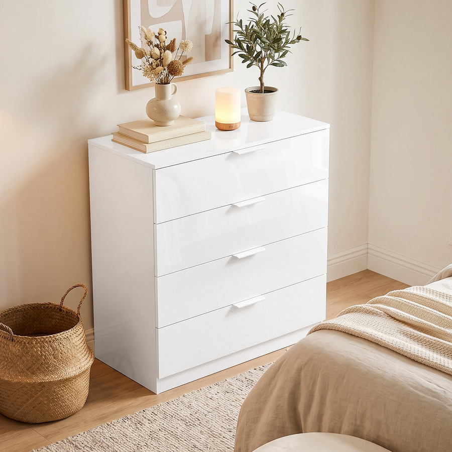 HOMCOM Kommode mit 4 Schubladen in Hochglanzweiß, moderne Kommode für Schlafzimmer, Wohnzimmer oder Flur, B/T/H: 70 x 34 x 79 cm - Bild 2