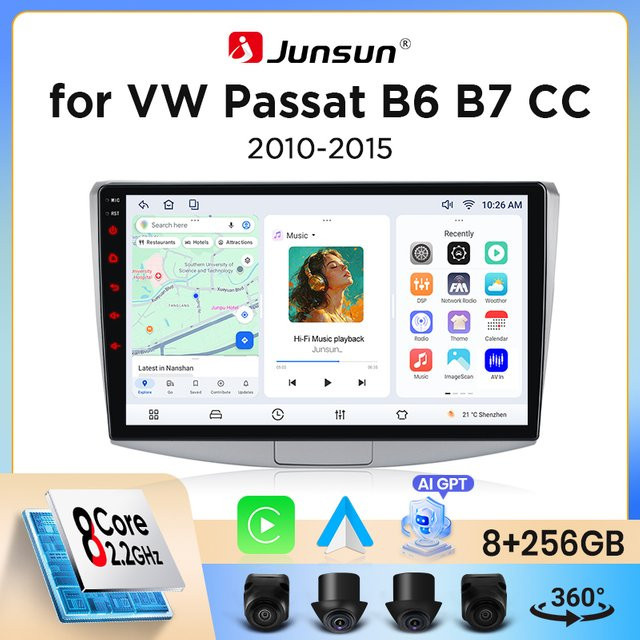 Junsun Wireless CarPlay und Android Auto Autoradio für Volkswagen Passat B6/B7 und CC Typ 3C (2005-2014) mit GPS Navigation, WiFi, Bluetooth und integriertem Lüfter in Schwarz - Bild 1