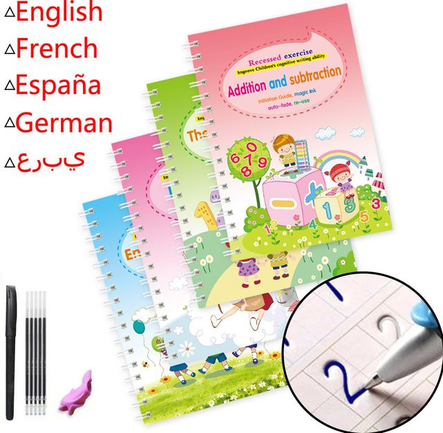 Wiederverwendbares Magic Practice Copybook für Kinder zum Erlernen von Englisch, Französisch, Arabisch und Spanisch mit Handschrift-Schablonen in Mehrfarbig - Bild 1