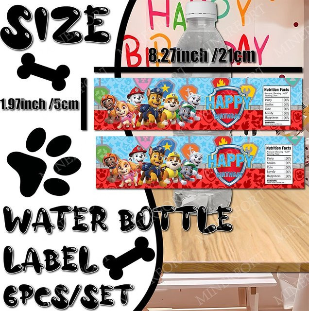Paw Patrol Aufkleber für Wasserflaschen und Party-Dekoration, Mehrfarbig - Bild 1