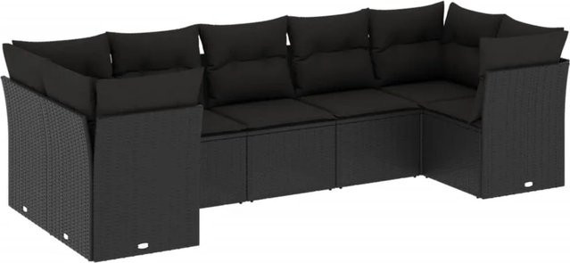 vidaXL 7-teilige Garten-Sofagarnitur in L-Form aus schwarzem Poly-Rattan mit Sitzkissen und Rückenkissen - Bild 1
