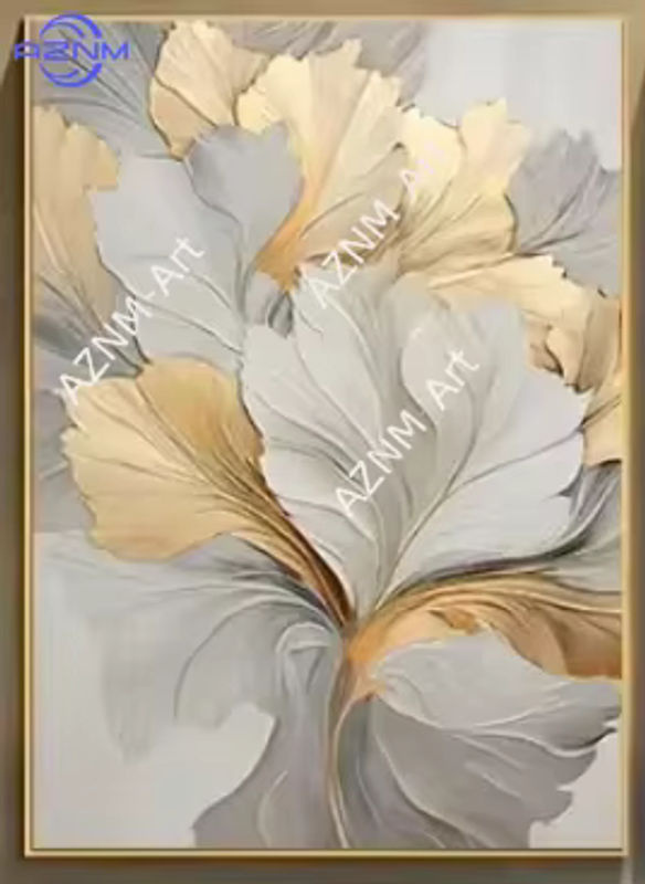 Potdemiel Wandkunst Leinwanddruck mit floralem Blätter-Motiv in Gold und Weiß, Luxus-Gemälde für Wohnzimmer, Schlafzimmer oder Büro - Bild 4
