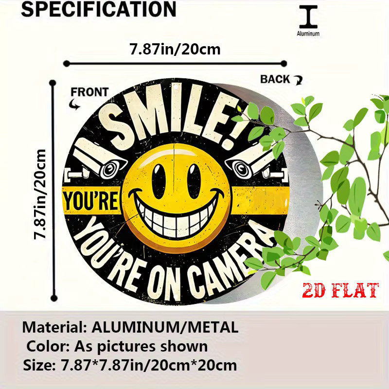 Potdemiel Rundes Warnschild für Überwachungskameras aus Metall mit You're On Camera Text und lächelndem Gesicht, Durchmesser: 20 cm - Bild 2