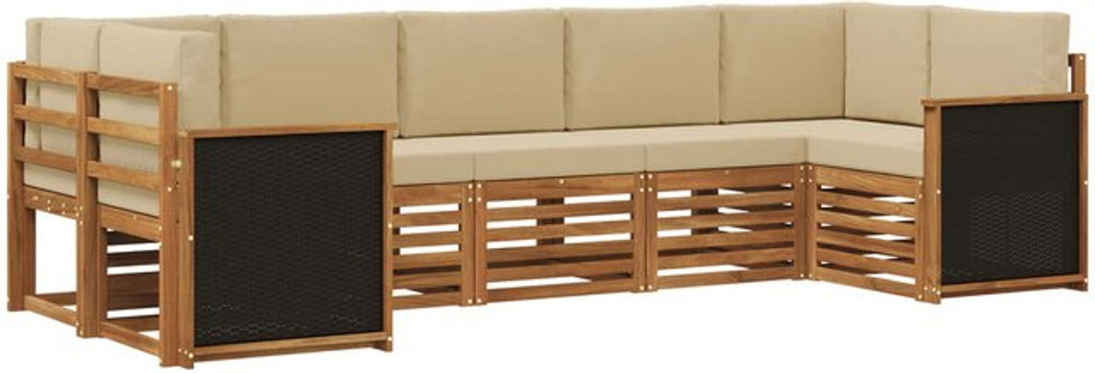 vidaXL Ecksofa Set 6-teilig aus massivem Akazienholz und Polyester in Natur und Beige, modern und minimalistisch - Bild 1