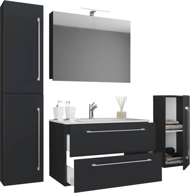 VCM Badmöbel-Set Badinos in Schwarz Matt mit Waschtisch, Spiegelschrank und Hochschrank, B/H/T: 60 x 150 x 46 cm - Bild 2