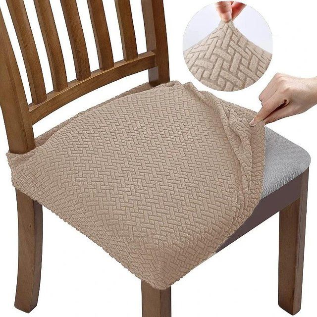 Beige Jacquard Stuhlhussen aus Stretch-Material für Esszimmerstühle, schmutzabweisende und abnehmbare Sitzbezüge für Möbelschutz - Bild 1