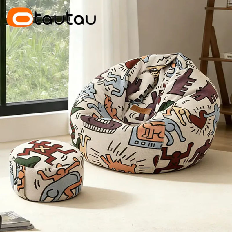 OTAUTAU Sitzsackbezug aus weichem Graffiti-Samt in Multicolour, runder Eckhocker Pouf im Boho-Stil, Durchmesser: 100 cm - Bild 4