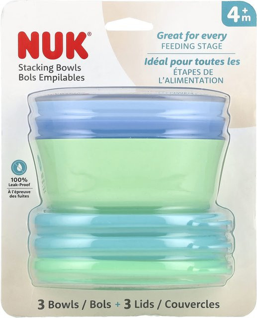 NUK Stapelschüsseln Set für Babys mit Deckeln, Blau, Grün und Beige - Bild 1