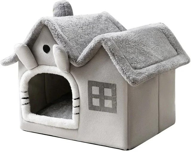 Faltbare Hundehütte von Yiran Furniture als warmes Haustierbett für kleine und mittelgroße Hunde und Katzen in Grau mit abnehmbarem Bezug aus Baumwolle und Korallenvlies - Bild 1
