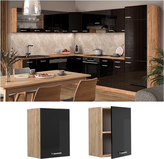 Vicco Hängeschrank R-Line Küchenschrank in Schwarz und Eiche mit Hochglanz-Optik, Breite: 45 cm - Bild 1