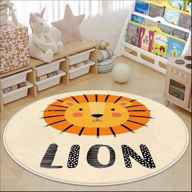 Waschbarer Kaschmir Rundteppich für Kinder mit Cartoon-Motiv in Beige, Durchmesser: 80 cm - Bild 1