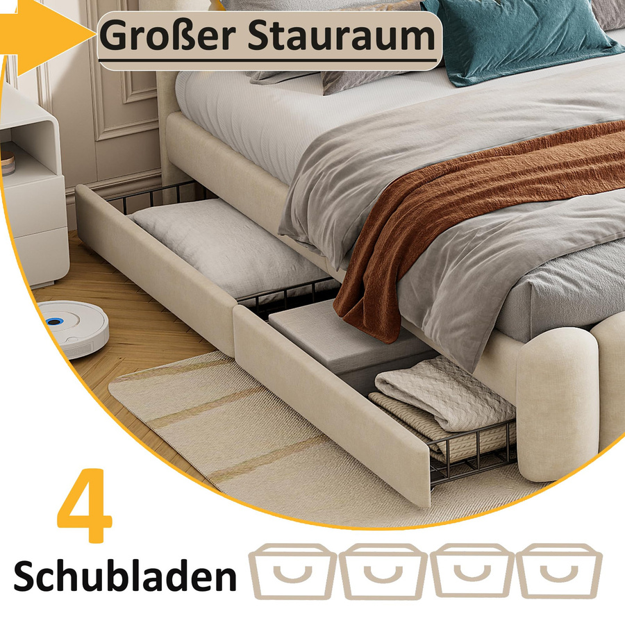 Flieks Polsterbett mit LED, Stauraumbett mit 4 Schubladen, USB-Ladefunktion und höhenverstellbarem Kopfteil, beige, B/T/H: 160 x 200 cm - Bild 3