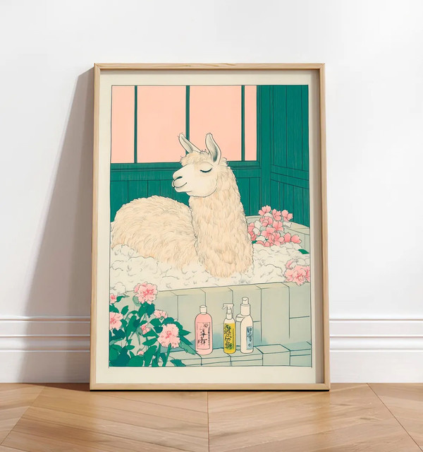 Ukiyo-e Llama Bathtime Wanddekor SHENCHEN - Japanischer Holzschnitt-Stil Poster mit Lama in rosa Schaumbad, Mehrfarbig - Bild 1