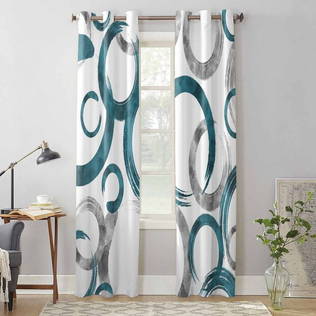 Binchi Outdoor Equipment Vorhang mit geometrischen Farbkreisen in Blau und Grau, halbtransparentes Dekovorhänge aus Polyester, Breite: 135 cm, Höhe: 60 cm - Bild 1