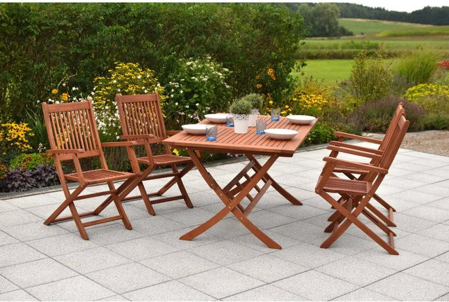 Merxx Gartenmöbelset Rio aus Eukalyptusholz in Beige und Braun, 5-teilig mit Klapptisch und Klappsesseln - Bild 1