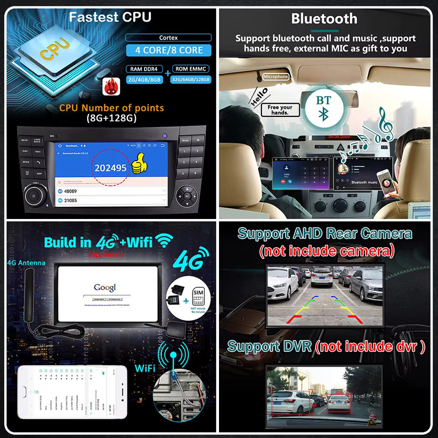 Naviunit Android 15 Autoradio mit 7 Zoll Bildschirm für Mercedes Benz E-Klasse W211 (2002-2008), Wireless CarPlay, Bluetooth, WiFi und 4G, Farbe: Schwarz - Bild 5