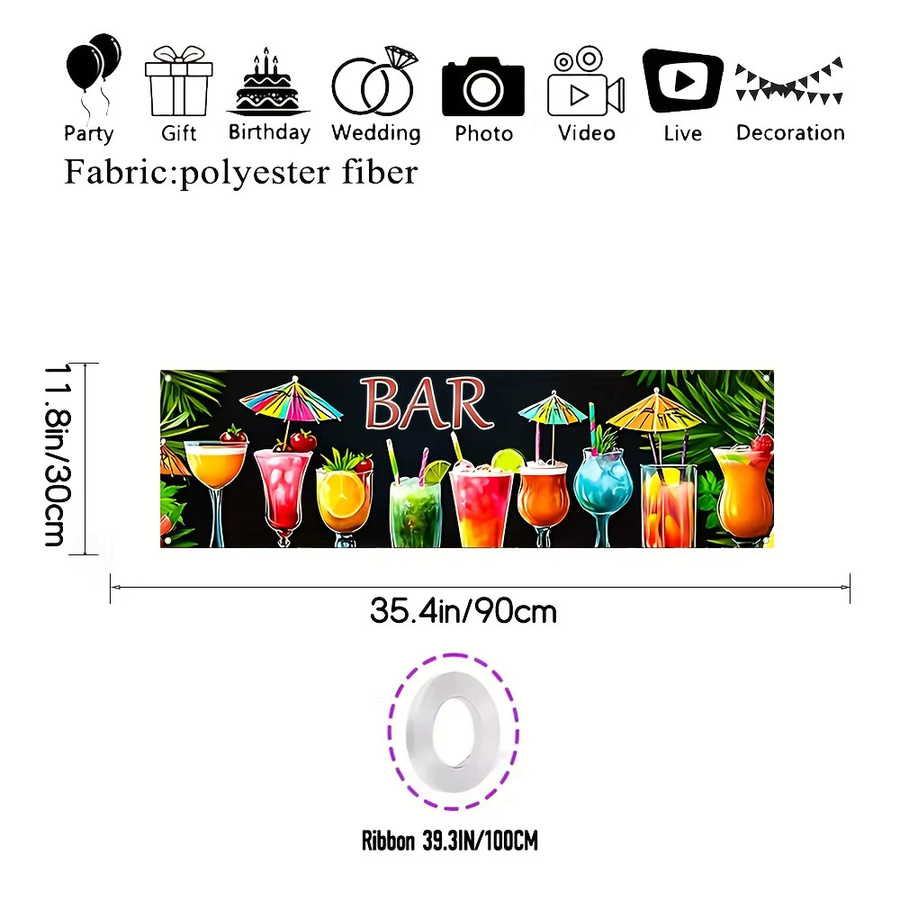 OURFETE Hawaiianisches Tropisches Bar-Banner mit Palmblatt-Motiv, Wanddekoration für Sommer-Strandparty und Tiki-Bar, Multicolor, B: 90 cm, H: 30 cm - Bild 2