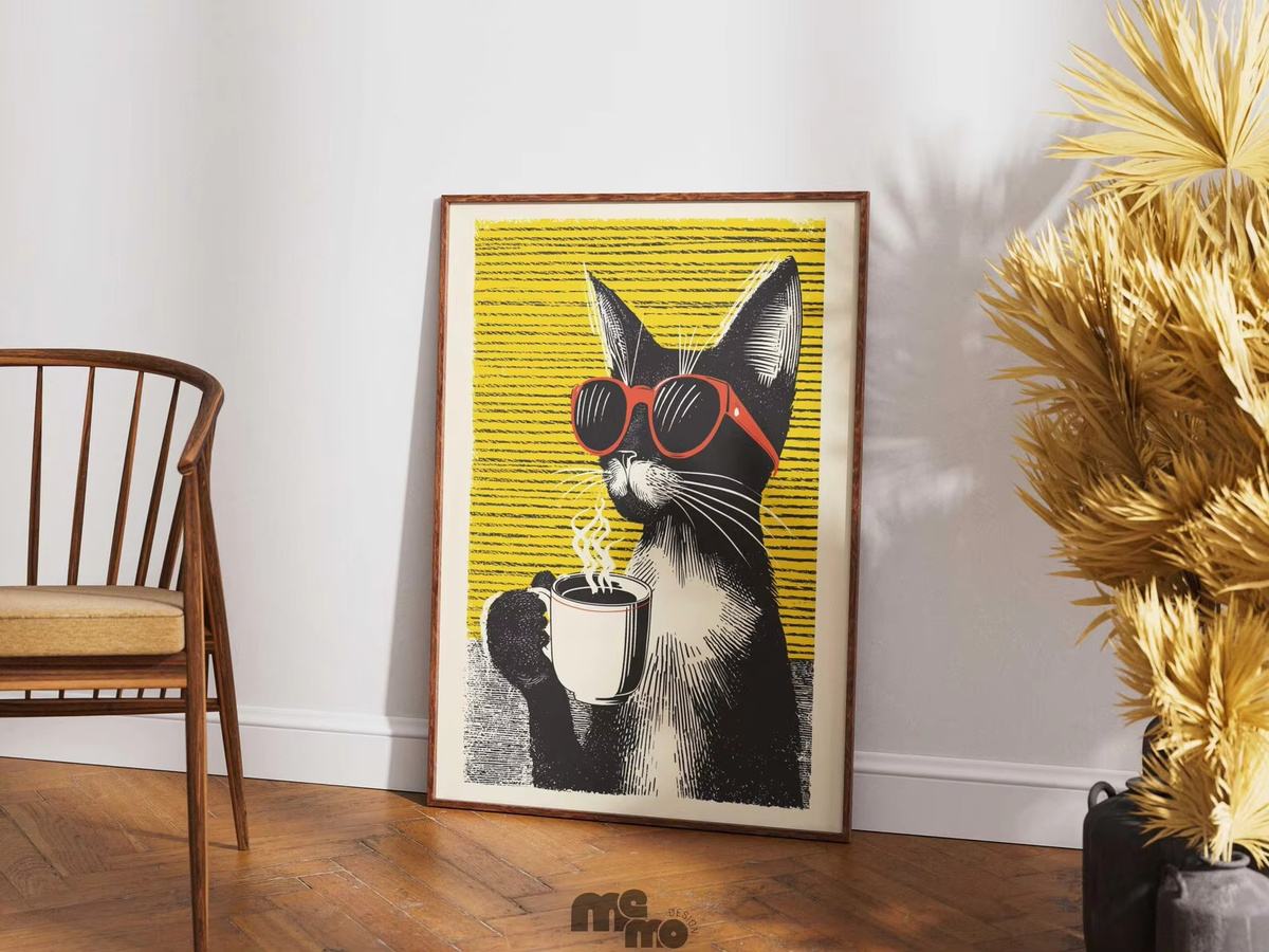 Vintage Pop-Art Poster von SHENCHEN mit lustiger Katze in roter Sonnenbrille, Wandkunst aus mattem Papier in Multicolor - Bild 6