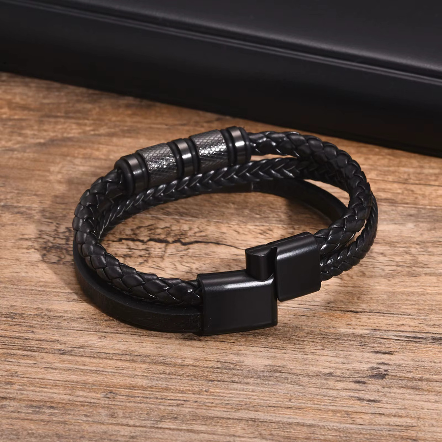 Vnox Armband, 3 Schichten, schwarz, PU Leder, Edelstahl, Herren - Bild 4