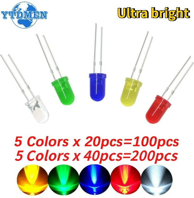 YTDMEN LED-Set mit 100 oder 200 ultrahellen runden 5 mm LED-Dioden Typ F5 in den Farben Weiß, Rot, Blau, Grün und Gelb für dein DIY-Elektronikprojekt - Bild 1