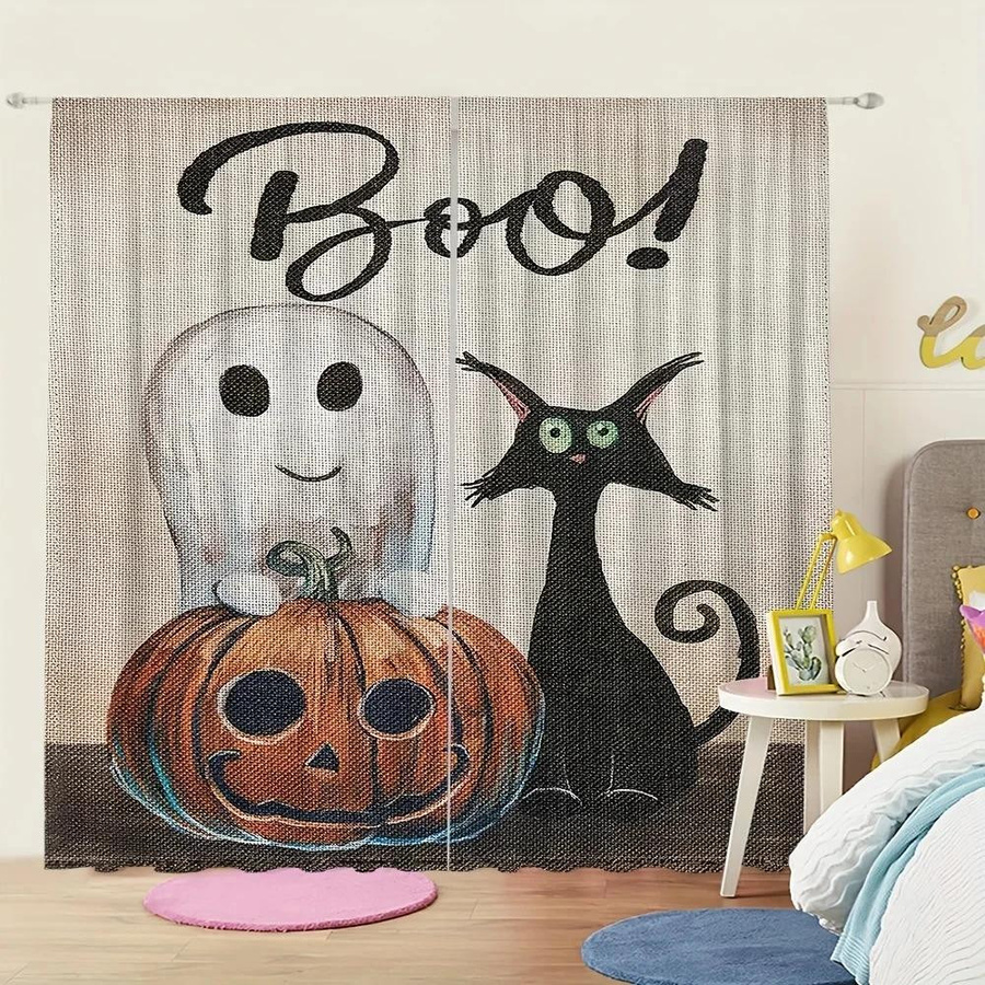 Yiran Furniture Halloween Vorhänge mit Geist, Kürbis und schwarzer Katze, verdunkelnd, B: 55 cm, H: 120 cm - Bild 2
