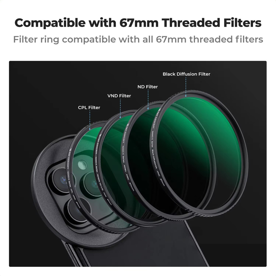 K&F CONCEPT Magnetischer Objektivfilteradapter für iPhone mit CPL Polarisationsfilter 67mm oder variablem ND2-32 Filter in Schwarz - Bild 2