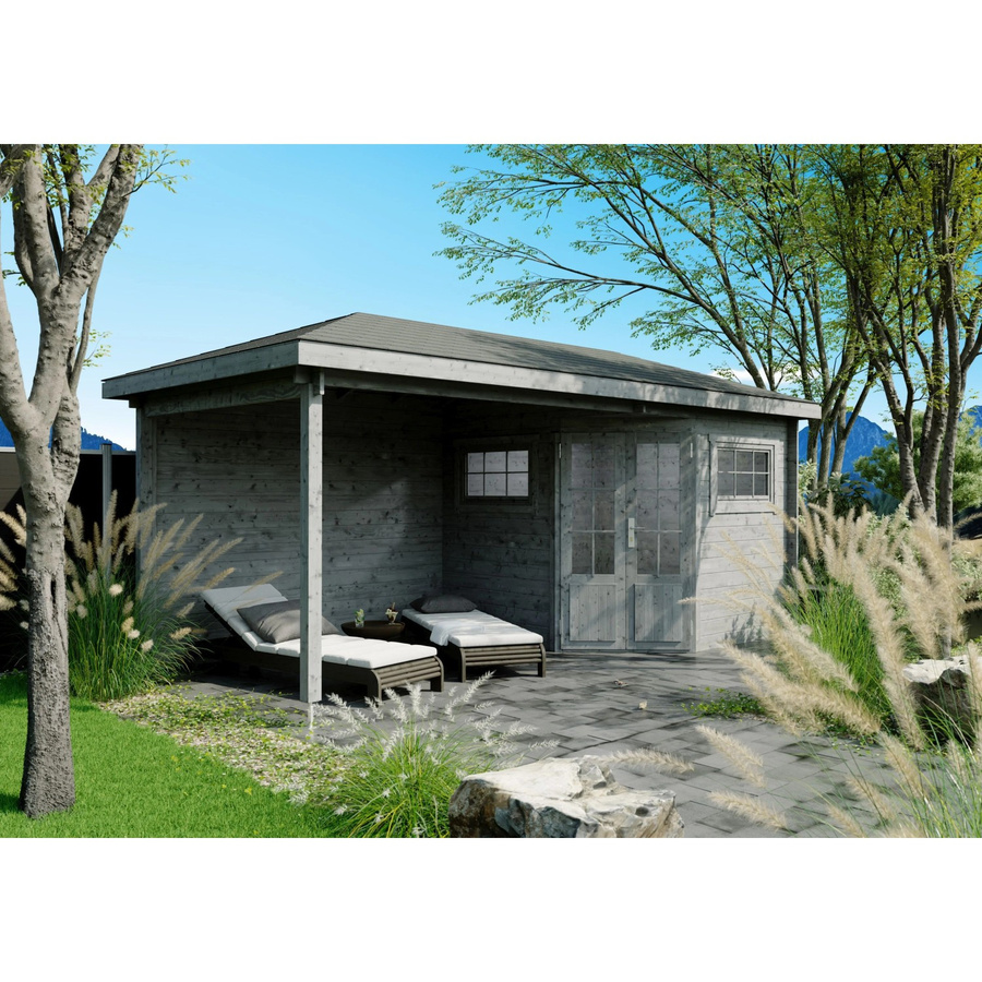 Fjordholz Gartenhaus Evelyn 2C 5-Eck Log Cabin in Grau, imprägniertes Holz mit Fenster und Tür - Bild 2