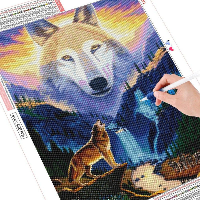 FIYO 5D DIY Diamantmalerei Wolf als Kreuzstich Set mit Strass Steinen in Hellblau, B/H: 20 x 30 cm - Bild 4