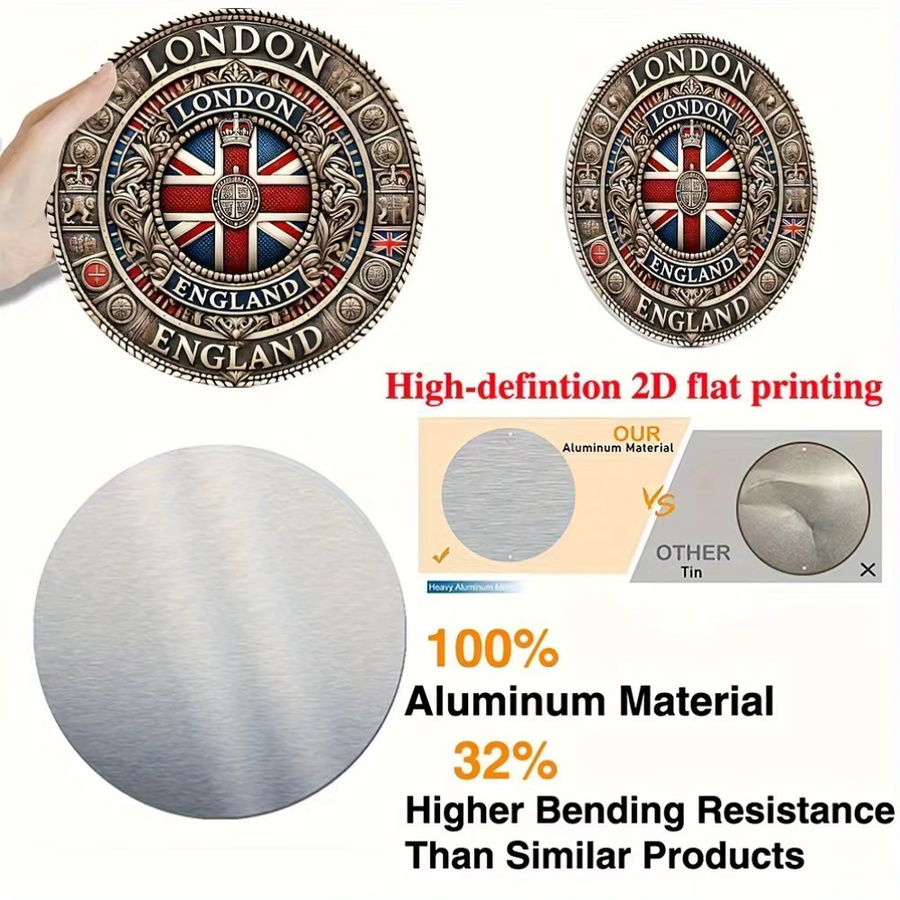 Potdemiel Vintage London England Wandbild aus Metall, Rundes Aluminium-Wandbild mit Union Jack Design, B/H: 20,32 x 20,32 cm, Mehrfarbig - Bild 3