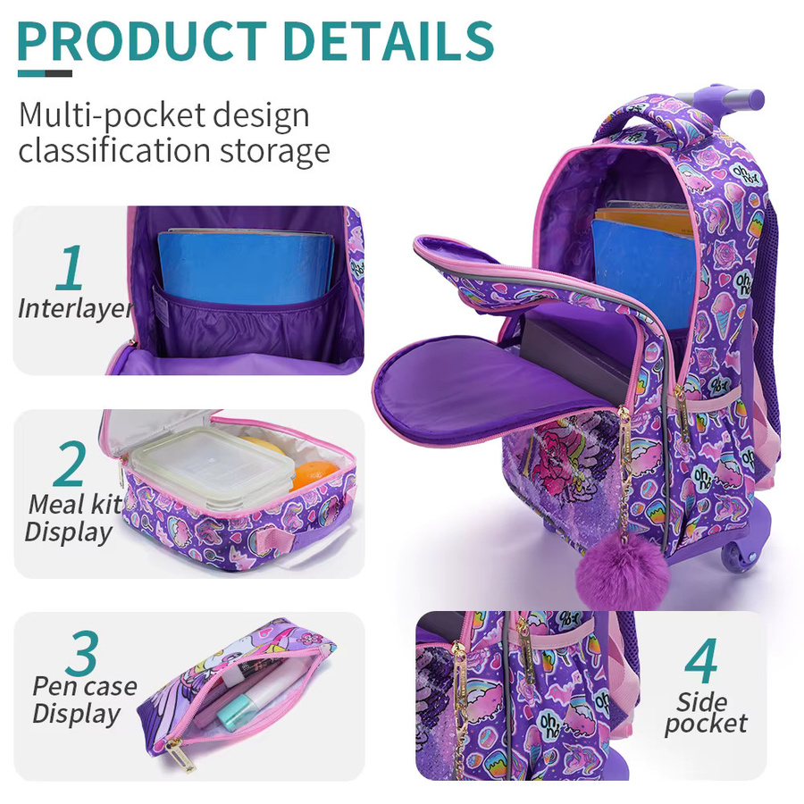BLING BABIES 3-teiliges Rollrucksack Set für Mädchen mit Einhorn, Pailletten und Leuchteffekt in Lila inklusive Lunchbox und Stifttasche - Bild 3