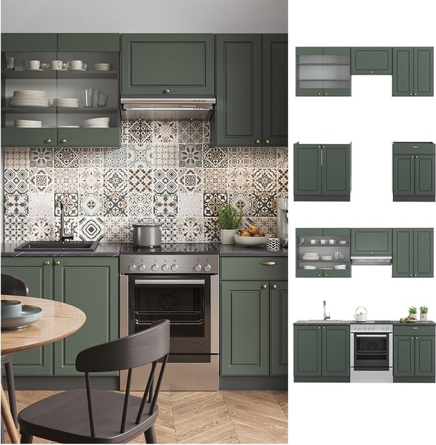 Vicco Küchenzeile Fame-Line Landhausstil in Anthrazit Grün Gold mit Breite: 200 cm - Bild 1