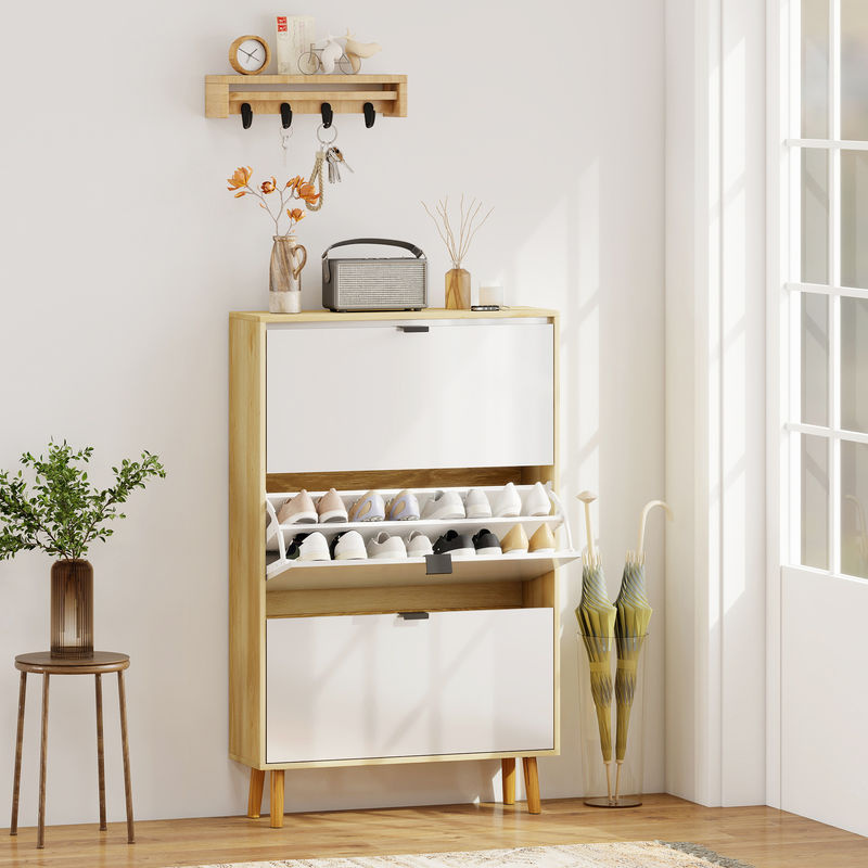 Aosom Schuhschrank Slim in Glänzend Weiß mit 3 Klappentüren und verstellbaren Regalen, Platzsparende Schuhaufbewahrung für 24 Paar Schuhe, B/T/H: 80 x 24 x 127 cm - Bild 2
