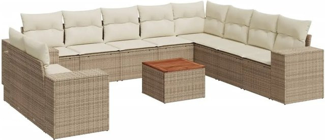 vidaXL 11-teilige Garten-Sofagarnitur in L-Form aus Poly-Rattan und Akazienholz mit Kissen in Beige-Creme - Bild 1