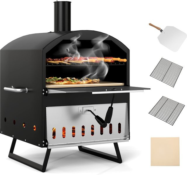 GOFLAME Tragbarer Holzbefeuerter Pizzaofen für den Außenbereich in Schwarz mit Pizzastein, Pizzaschieber, Grillrost und Abdeckung, B/T/H: 83 x 61 x 53 cm - Bild 1