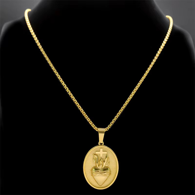 AFAWA Halskette Herz Jesu Kreuz, Edelstahl, Gold, Vintage, Unisex - Bild 3